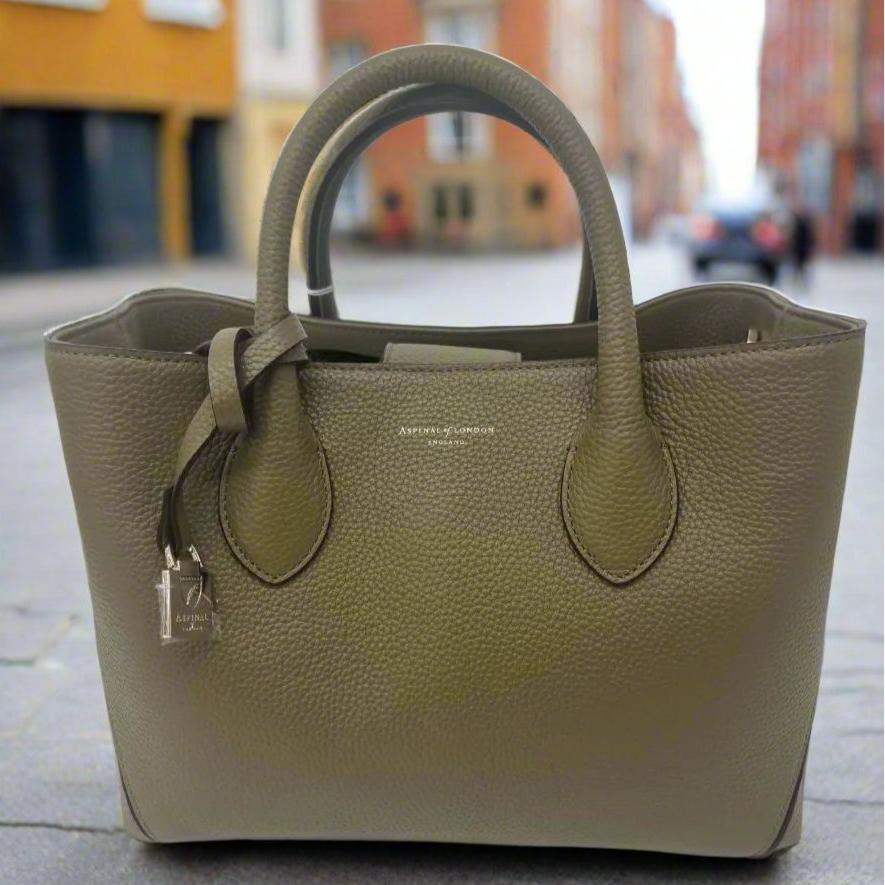 Aspinal Midi London Leather Tote Bag | Olive Pebble